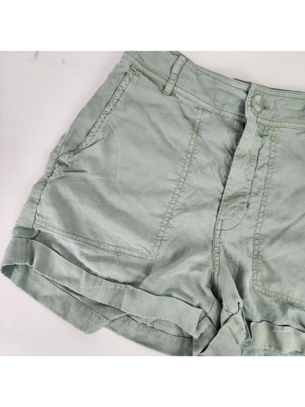 Anthropologie Cloth & Stone Tencel High Rise Moss Green Cuffed Shorts XS X-Small - Picture 6 of 10
